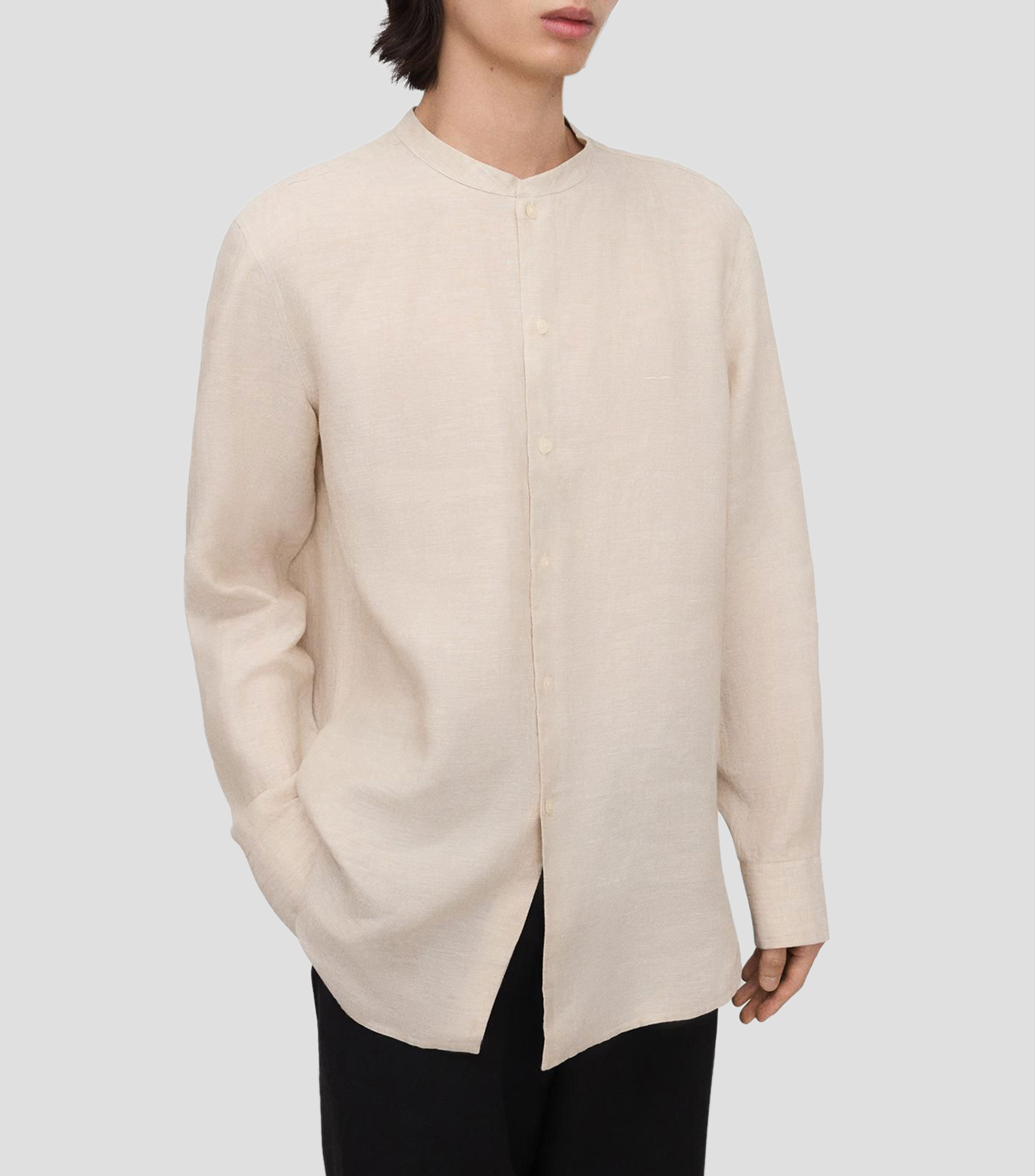 Camisa lisa en lino con cuello mao y manga larga Hombre